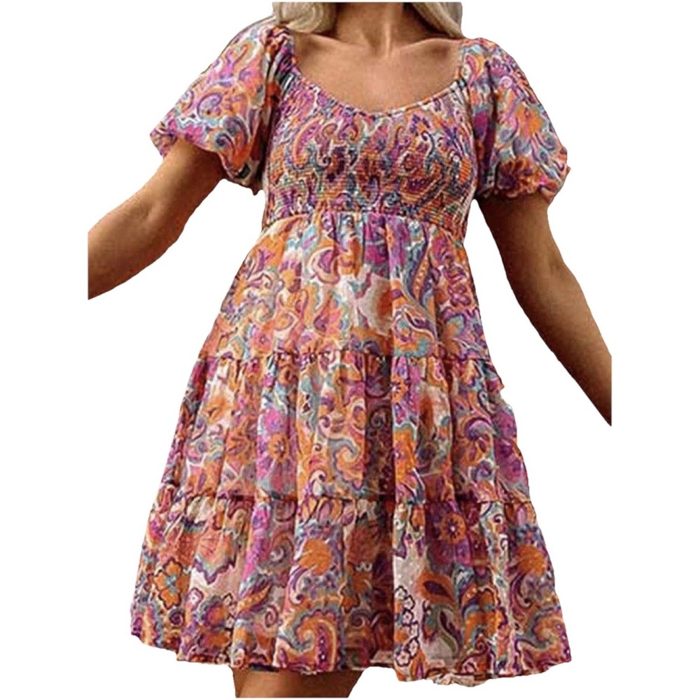 Flying Tomato Dress Womens Medium Floral Woven Mini‎ Smocked Artsy Flowy Fairy